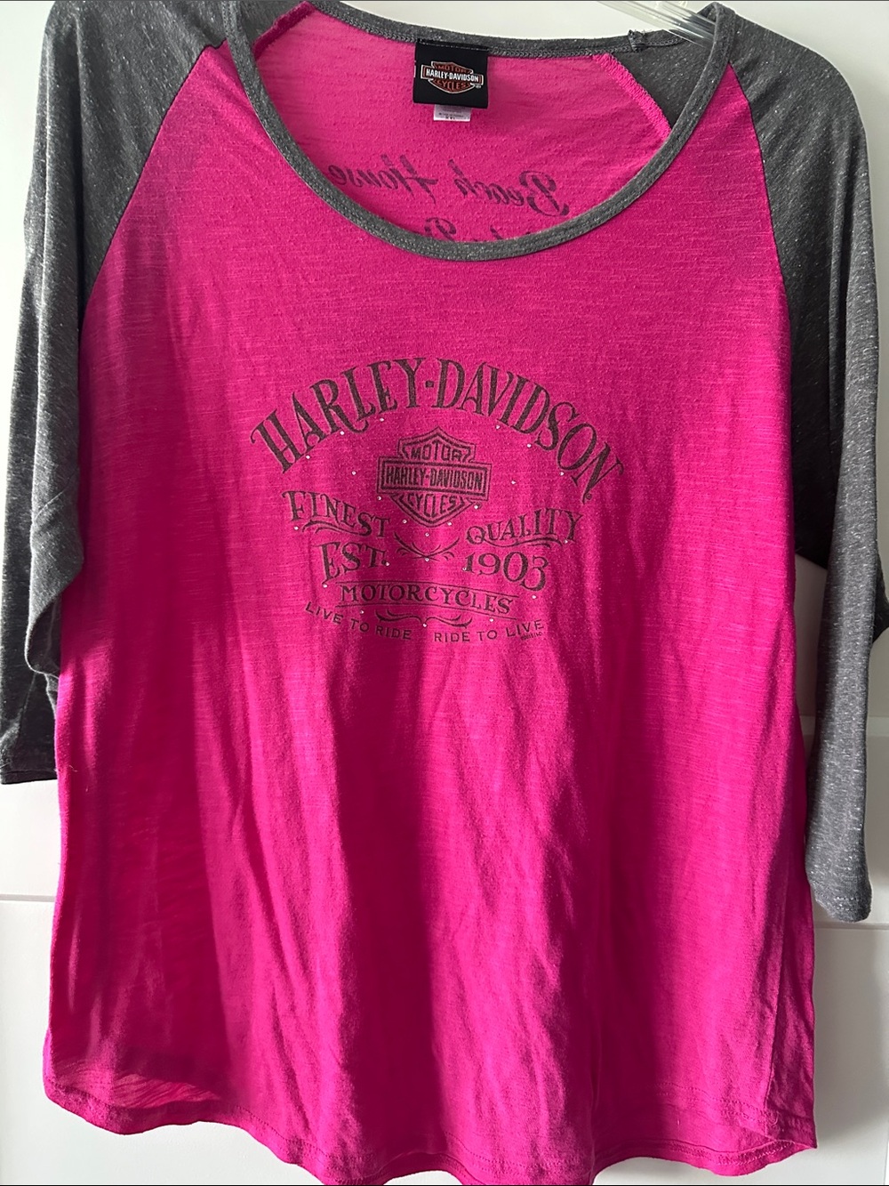 Harley-Davidson Women's Fuchsia Raglan Long Sleeve Tee with Gray Sleeves